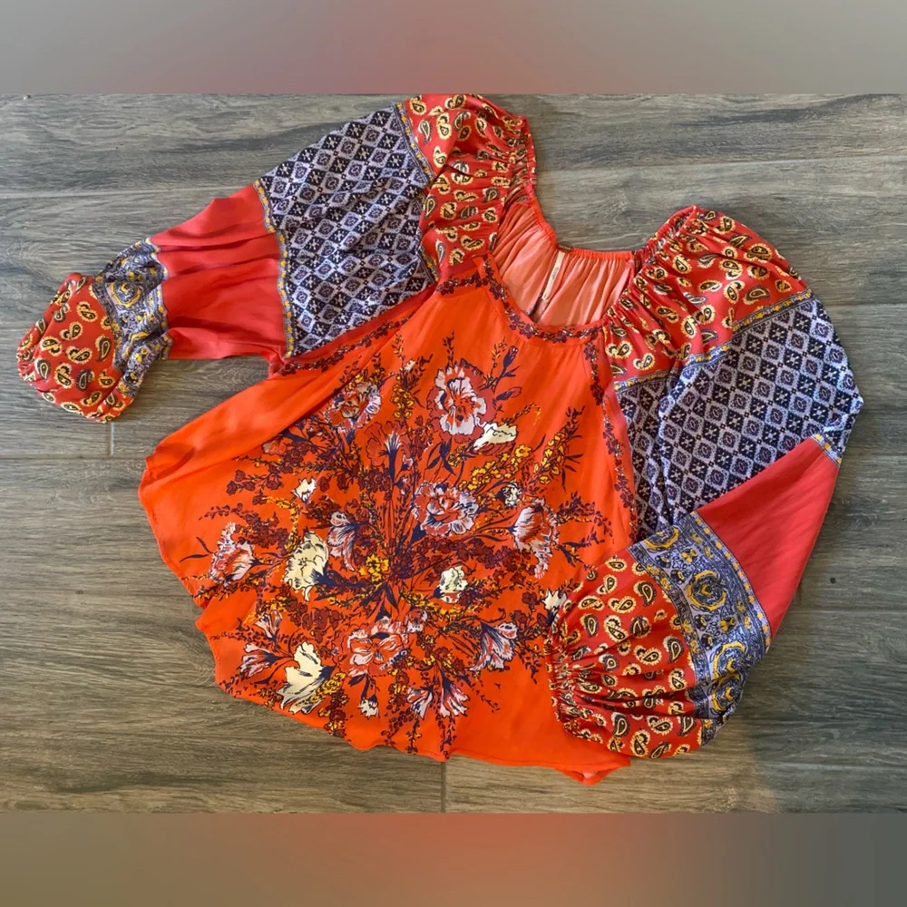 Free People Red Positano Handkerchief Blouse Balloon Sleeve Oversized Small